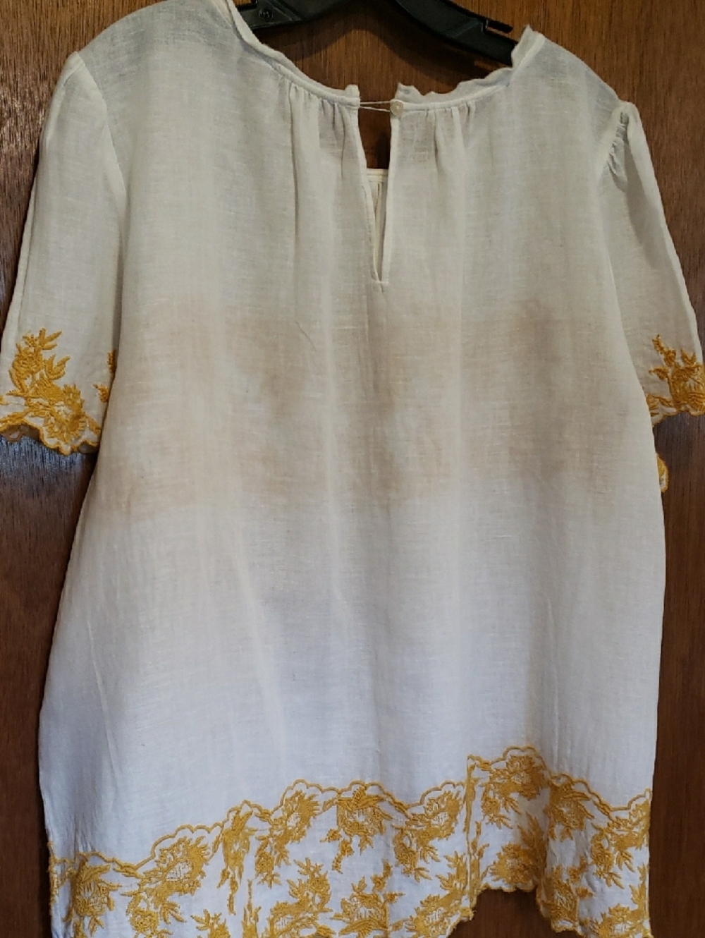 LOFT Linen/Cotton Textured White Top with Mustard Floral Embroidery - Picture 5 of 8